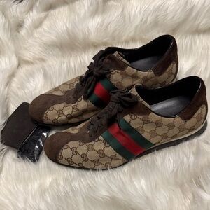Gucci Men's Monogram Sneakers with Red and Green Accents Dark Brown Suede 9.5